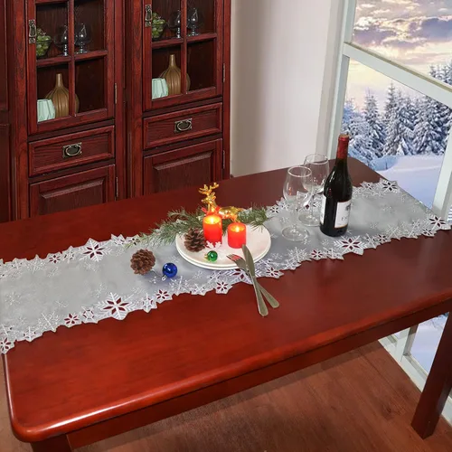 Miniatura 5 de Caminos de mesa bordados con copos de nieve para Navidad e invierno (plata, 14 x 34 pulgadas)