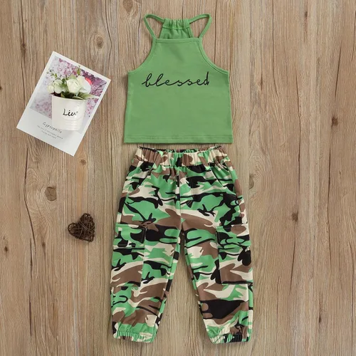 Miniatura 69 de Mandizy Conjunto de ropa de otoño para bebé niña pequeña, sudadera de manga larga con estampado de letras bendecidas, pantalones de camuflaje