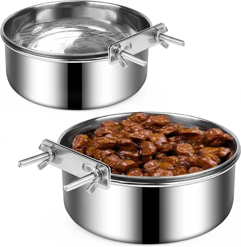 Miniatura 13 de Caja de comida y agua para jaula y Cuenco, ShineMe 2 Pack Cuencos colgantes de acero inoxidable para jaulas, perreras, jaulas, Cuencos colgantes