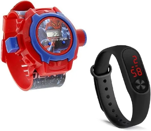 LEMONADE Pack de 2 - Unisex Niños Favorito Spiderman 24 Character Banda Proyector & M3 Digital Led Pulsera Band Reloj de Pulsera para Niños, Niños