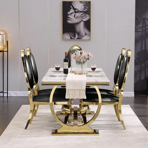 Miniatura 2 de ACEDÉCOR Juego de mesa de comedor moderno de 5 piezas con 4 sillas de comedor de cuero negro, mesa de comedor con base en U de metal de acero Oro