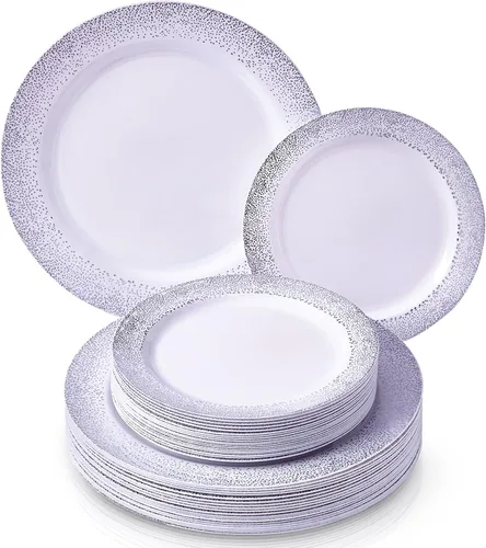 Elegante juego de vajilla desechable de 240 piezas, 120 platos llanos, 120 platos laterales, aspecto de porcelana, para bodas y cenas de lujo