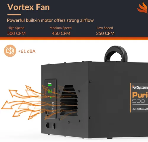 Miniatura 5 de Sistema de filtración de aire remoto de 3 velocidades PURISYSTEMS, filtro de aire colgante PuriCare 500 con control remoto RF para carpintería