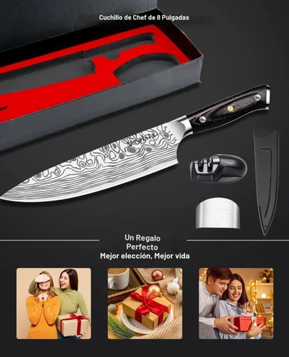 Miniatura 9 de MOSFiATA - Cuchillo de chef profesional súper afilado de 8 pulgadas con protector de dedos y sacapuntas, acero inoxidable alemán de alto carbono