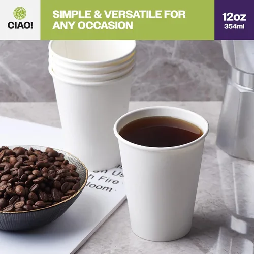 Miniatura 6 de CIAO! Vaso de papel blanco para bebidas calientes de 12 onzas, desechable, 90 mm de diámetro, 1.000