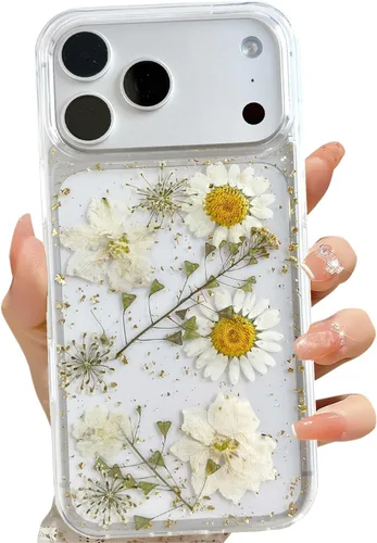Miniatura 26 de LSEEKA Funda transparente para iPhone 13 Mini/iPhone 12 Mini con diseño de flores reales prensadas, con purpurina, bonito patrón floral blanco, Oro