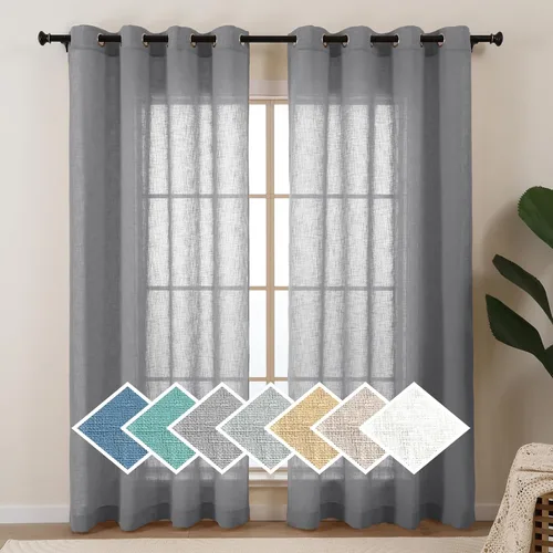 L.Z.E Cortinas traslúcidas color gris oscuro para sala de estar, 63 pulgadas de largo, elegantes cortinas de lino sintético filtrante de luz,