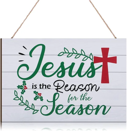 Miniatura 7 de Letrero colgante de madera de Jesús con la frase "Jesús es la razón de la temporada", decoración de pared para árbol de Navidad, decoración de pared