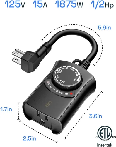 Miniatura 7 de HBN - Temporizador de luz exterior con control remoto, temporizador de sensor de luz impermeable, alcance inalámbrico de 100 pies, 1 toma de tierra