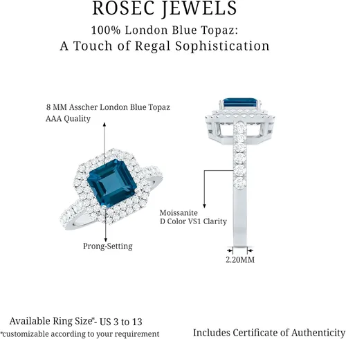 Miniatura 6 de Anillo de compromiso natural de corte Asscher con topacio azul Londres con moissanita, calidad AAA, anillo de compromiso de doble halo certificado
