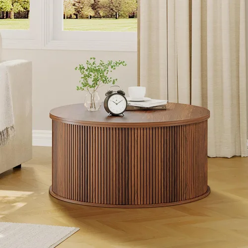 Miniatura 9 de Mesa de Centro con Tapa Elevable, Mesa de Centro Redonda Acanalada con Almacenamiento, Mesa de Comedor Central Estilo Granja Mesa Circular para Sala