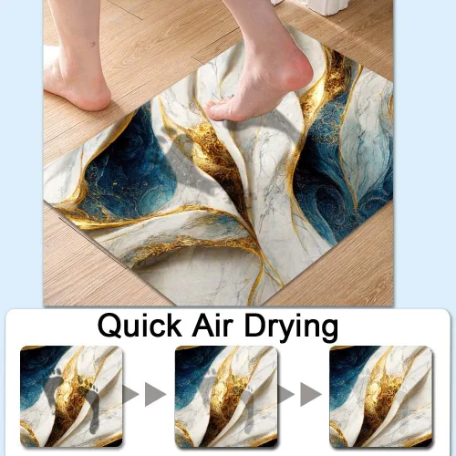 Miniatura 4 de Alfombra de baño, diseño abstracto de mármol azul y dorado, antideslizante, de secado rápido, súper absorbente, delgada, para debajo de la puerta