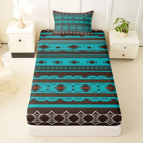 Miniatura 59 de Juego de ropa de cama de estilo bohemio occidental, tamaño individual, diseño de vaca atrapasueños, sábana bajera ajustable del suroeste, tribu