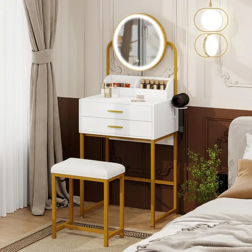 Miniatura 8 de ARTETHYS Escritorio pequeño con espejo y luces, tocador de maquillaje compacto blanco con silla, moderno tocador que ahorra espacio con cajón