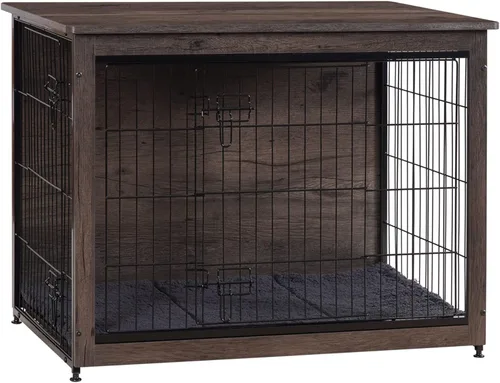 Miniatura 11 de DWANTON Mueble de jaula para perros con cojín, mesa de madera para perros con puertas dobles, casa de perro de interior, tamaño pequeño, mediano