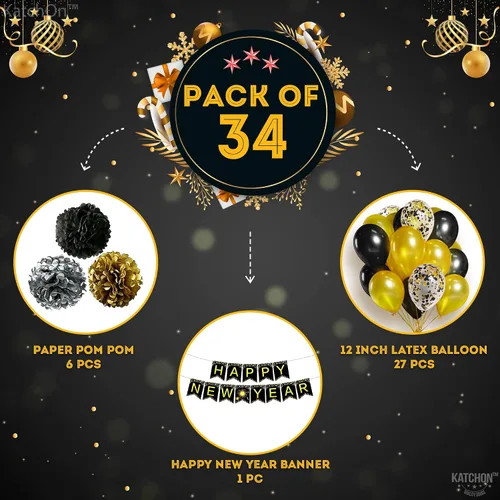 Miniatura 2 de KatchOn, Suministros para fiestas de Año Nuevo 2026 – Paquete de 34 Cartel de feliz año nuevo de 10 pies con pompones Fondo negro y dorado