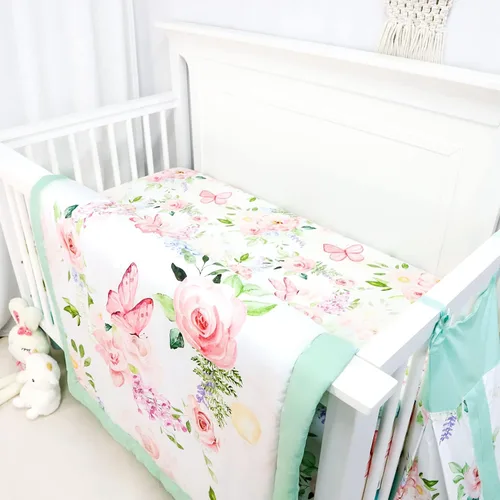 Miniatura 3 de Juego de ropa de cama, juego de cuna de 5 piezas, mariposas florales verdes, incluye manta, edredón, sábana bajera, falda de cuna, apilador