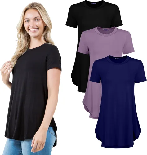 Miniatura 10 de Azules Blusa larga de manga corta para mujer, con cuello redondo y dobladillo curvado, suave y elástica