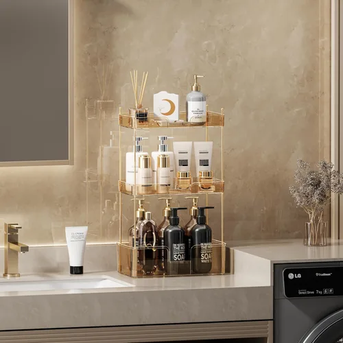 Miniatura 2 de Akinbas Organizador de baño de 3 niveles, bandeja de perfume de maquillaje, organizador de cuidado de la piel para tocador de baño (dorado)