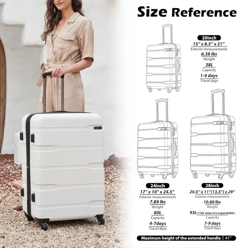 Miniatura 7 de Coolife Maleta de equipaje PC+ABS Spinner incorporado TSA bloqueo 20 in 24 in 28 in Carry on, Blanco