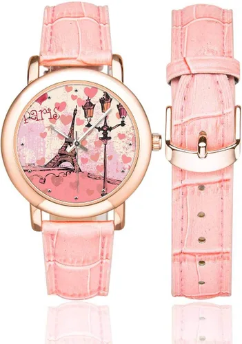 Miniatura 2 de New York City and Eiffel Tower - Reloj de pulsera para mujer, color rosa