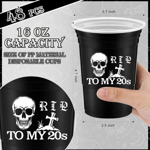 Miniatura 3 de Rtteri Paquete de 48 decoraciones de tazas de la muerte a mis 20 de 16 onzas Rip to My 20s Cups góticas, decoraciones de cumpleaños de 30