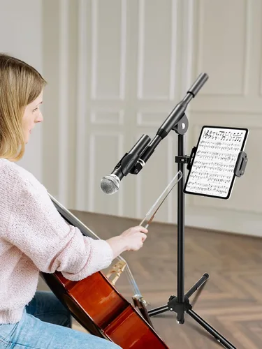 Miniatura 8 de elitehood Soporte de metal para iPad para soporte de micrófono, soporte de micrófono ajustable de 360°, soporte de iPad de aluminio para soporte