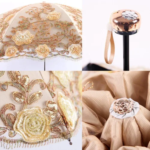 Miniatura 31 de Honeystore Sombrilla bordada con flor 3D plegable UV con encaje clásico
