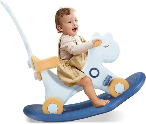 Ancaixin Caballo mecedor 4 en 1 para niños pequeños de 1 a 3 años de edad, juguetes de paseo en bicicleta de equilibrio con asa de empuje, respaldo