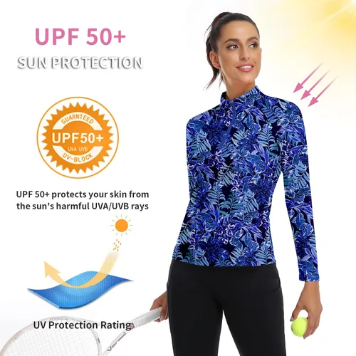 Miniatura 78 de WOWENY Camiseta deportiva de manga larga para mujer, con cremallera de un cuarto, cuello para entrenamiento, camiseta de tenis con estampado