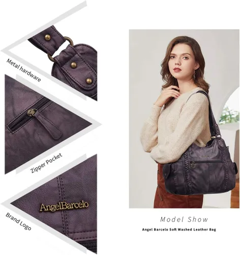 Miniatura 77 de Angel Barcelo - Bolsa de hombro amplia para mujer, diseño Hobo, cuero lavado