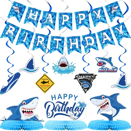 Juego de 28 piezas de decoración de fiesta de cumpleaños de tiburón, incluye 12 espirales colgantes de feliz cumpleaños, 12 recortes colgantes, 3