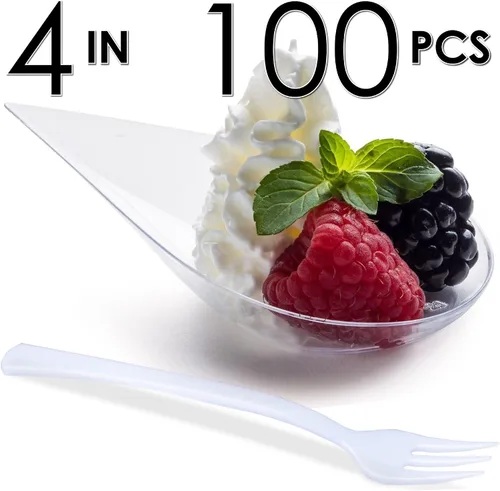 Miniatura 7 de DLux 100 mini platos de aperitivo en forma de lágrima de 4 pulgadas con tenedores, cucharas de plástico transparente reutilizables - platos