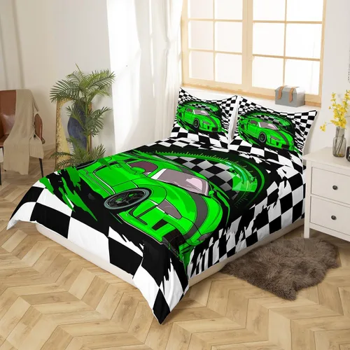Miniatura 3 de Erosebridal Juego de ropa de cama de coche deportivo verde para niños, tamaño individual, funda de edredón de autos de carreras para niños