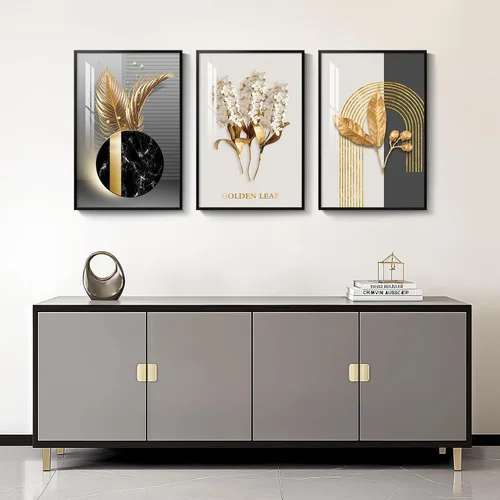 Miniatura 3 de Arte de pared moderno enmarcado en blanco y negro, 3 piezas de impresiones contemporáneas grandes para paredes, juego de 3 imágenes de hojas doradas