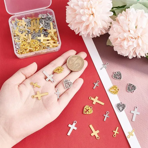 Miniatura 5 de PH PandaHall 120 dijes de cruz, 3 estilos de dijes de cruz de corazón, dije de oro y plata para hacer joyas de Pascua, pulseras, collares