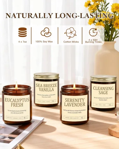 Miniatura 3 de Paquete de 4 velas perfumadas para el hogar: velas de soja para mujeres, juego de velas de aromaterapia de hasta 200 horas, juego de velas en tarro