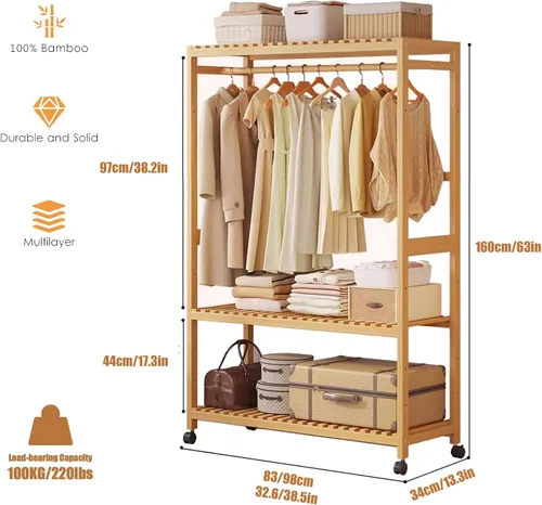 Miniatura 2 de 3-Tier Bamboo Clothes Rack - Stylish Garment Stand with Open Wardrobe Design & Storage Shelves for Bedroom, Living Room, Entryway - Space-Saving