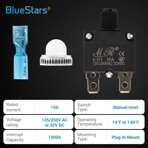 Miniatura 3 de BlueStars Paquete de 5 disyuntores térmicos de 15 amperios 125/250 V CA 32 V CC, protector de sobrecarga con botón de reinicio manual, terminales