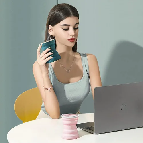 Miniatura 6 de Taza plegable de silicona portátil con cordón, tazas plegables resistentes al calor de 10.8fl oz con tapa, taza de viaje plegable para beber, taza