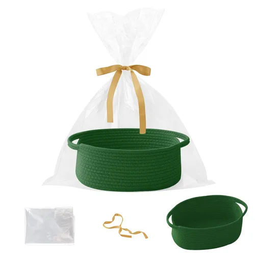 Miniatura 31 de Paquete de 2 canastas pequeñas de cuerda tejida, cesta de regalo vacía con bolsa y cintas, bonita caja organizadora con asa para cumpleaños/baby