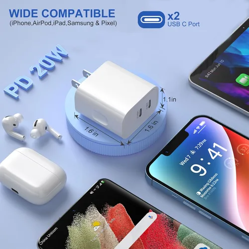 Miniatura 3 de Costyle - Cargador de pared USB C [3 unidades], bloque de carga doble USB C de 20 W, enchufe de pared rápido C, bloque de carga tipo C para iPhone