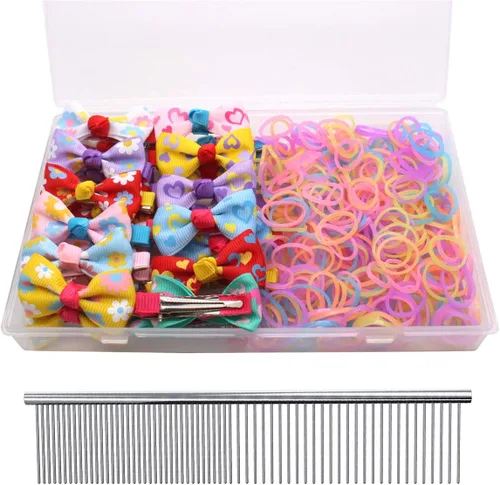 Miniatura 20 de YOY 20 adorables lazos para el pelo de perro con clips y 1000 bandas de goma y 1 peine de acero para peluquería, nudo superior de cachorro, moño