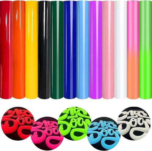 Whaline 12 hojas de vinilo 3D de transferencia de calor de 10 x 12 pulgadas, colores surtidos para planchar, lámina de vinilo fluorescente adhesivo