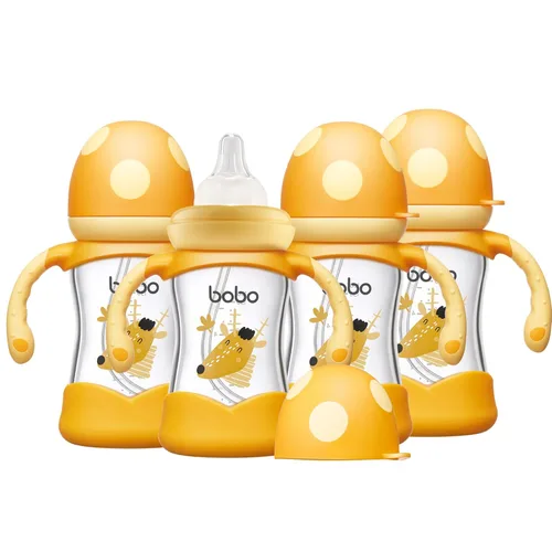 YOHKOH Biberón de vidrio natural con pezón de respuesta natural, biberones de cuello ancho con asa, juego de biberones anticólicos para recién Verde