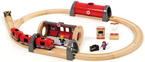 Miniatura 3 de Set de ferrocarril urbano BRIO - Set de 20 piezas con certificación FSC de madera y accesorios - Locomotora con luz y sonido, quiosco, pistas