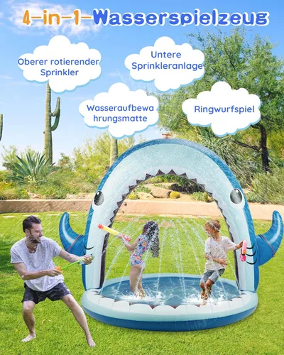 Miniatura 2 de Gleamkid Aspersor de tiburón gigante para niños, juguetes inflables de agua con rociador de 360°, 4 anillos de lanzamiento de plástico, juego