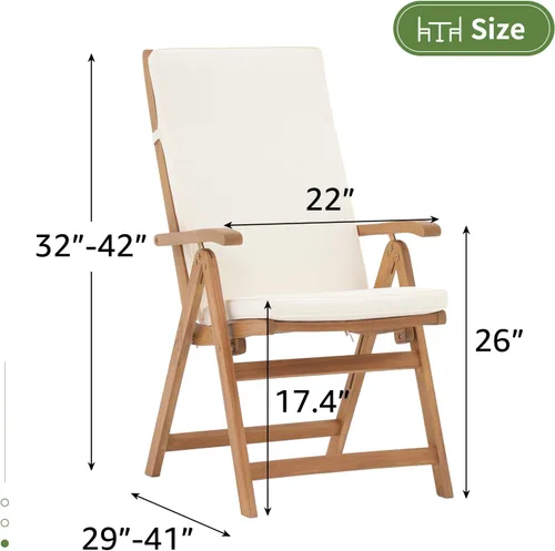 Miniatura 6 de OC Orange-Casual Juego de 4 sillas plegables de comedor para patio, sillas reclinables de madera de acacia al aire libre con reposabrazos y cojín
