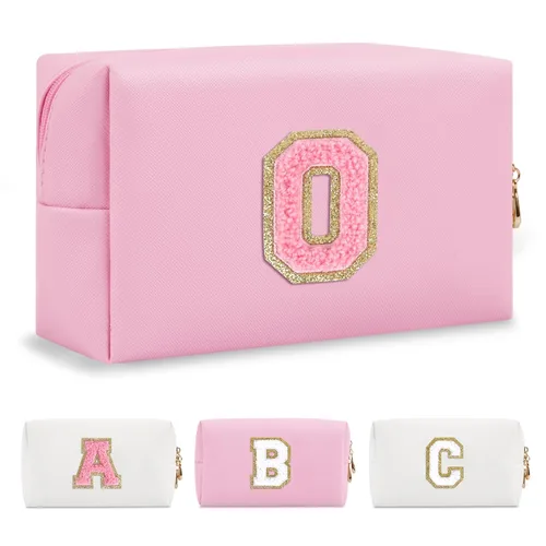 Miniatura 191 de Pequeña bolsa de maquillaje personalizada con inicial A-Z Preppy Patch, bolsa de cosméticos de viaje de felpilla blanca con cremallera, bonita bolsa