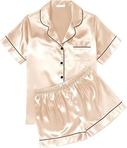Miniatura 12 de Ekouaer Conjunto de pijama de satén de seda para mujer, suave, de manga corta, con botones, ropa para dormir, camiseta y pantalones cortos, juego